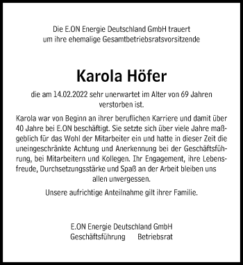 Traueranzeige von Karola Höfer von Süddeutsche Zeitung
