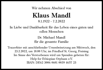Traueranzeige von Klaus Mandl von Süddeutsche Zeitung