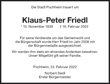 Traueranzeige von Klaus-Peter Friedl von Süddeutsche Zeitung