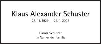Traueranzeige von Klaus Alexander Schuster von Süddeutsche Zeitung