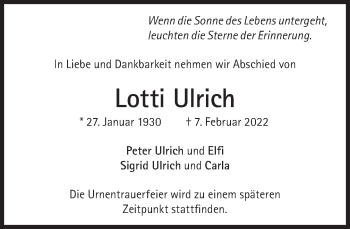 Traueranzeige von Lotti Ulrich von Süddeutsche Zeitung