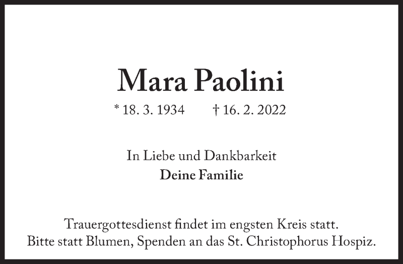  Traueranzeige für Mara Paolini vom 28.02.2022 aus Süddeutsche Zeitung