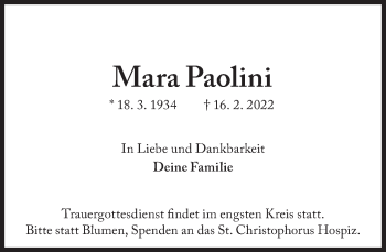 Traueranzeige von Mara Paolini von Süddeutsche Zeitung