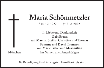 Traueranzeige von Maria Schönmetzler von Süddeutsche Zeitung