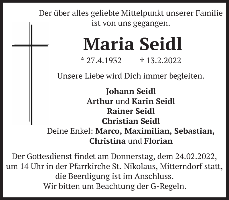  Traueranzeige für Maria Seidl vom 19.02.2022 aus Süddeutsche Zeitung