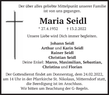 Traueranzeige von Maria Seidl von Süddeutsche Zeitung