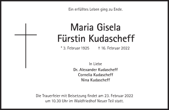 Traueranzeige von Maria Gisela Fürstin Kudascheff von Süddeutsche Zeitung