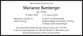 Traueranzeige von Marianne Bamberger von Süddeutsche Zeitung