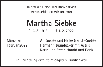 Traueranzeige von Martha Siebke von Süddeutsche Zeitung