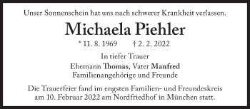 Traueranzeige von Michaela Piehler von Süddeutsche Zeitung