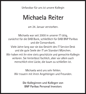 Traueranzeige von Michaela Reiter von Süddeutsche Zeitung