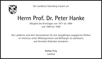 Traueranzeige von Peter Hanke von Süddeutsche Zeitung