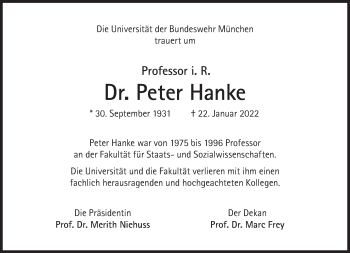 Traueranzeige von Peter Hanke von Süddeutsche Zeitung