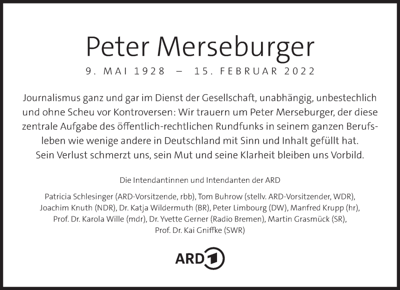  Traueranzeige für Peter Merseburger vom 26.02.2022 aus Süddeutsche Zeitung
