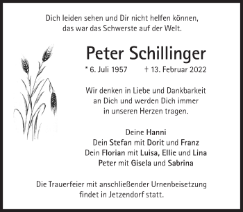 Traueranzeige von Peter Schillinger von Süddeutsche Zeitung
