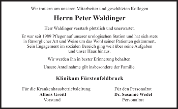 Traueranzeige von Peter Waldinger von Süddeutsche Zeitung