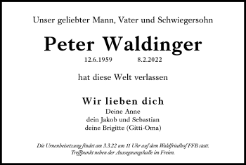 Traueranzeige von Peter Waldinger von Süddeutsche Zeitung