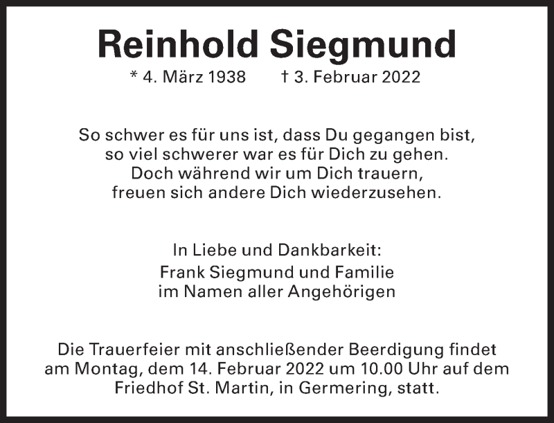 Traueranzeige für Reinhold Siegmund vom 10.02.2022 aus Süddeutsche Zeitung