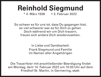 Traueranzeige von Reinhold Siegmund von Süddeutsche Zeitung