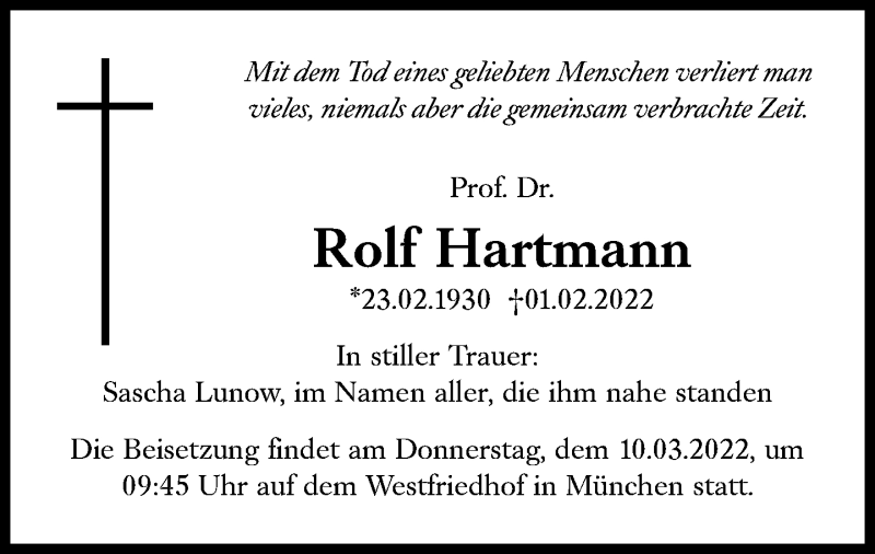  Traueranzeige für Rolf Hartmann vom 22.02.2022 aus Süddeutsche Zeitung