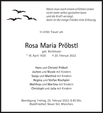 Traueranzeige von Rosa Maria Pröbstl von Süddeutsche Zeitung