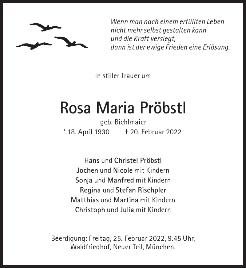  Traueranzeige für Rosa Maria Pröbstl vom 23.02.2022 aus Süddeutsche Zeitung