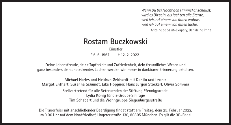  Traueranzeige für Rostam Buczkowski vom 19.02.2022 aus Süddeutsche Zeitung