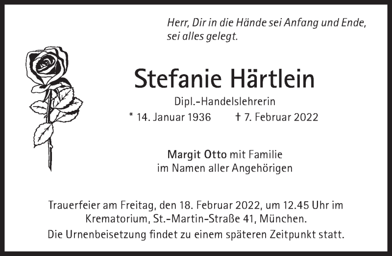  Traueranzeige für Stefanie Härtlein vom 12.02.2022 aus Süddeutsche Zeitung