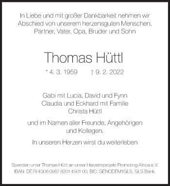Traueranzeige von Thomas Hüttl von Süddeutsche Zeitung