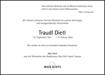 Traueranzeige von Traudl Dietl von Süddeutsche Zeitung