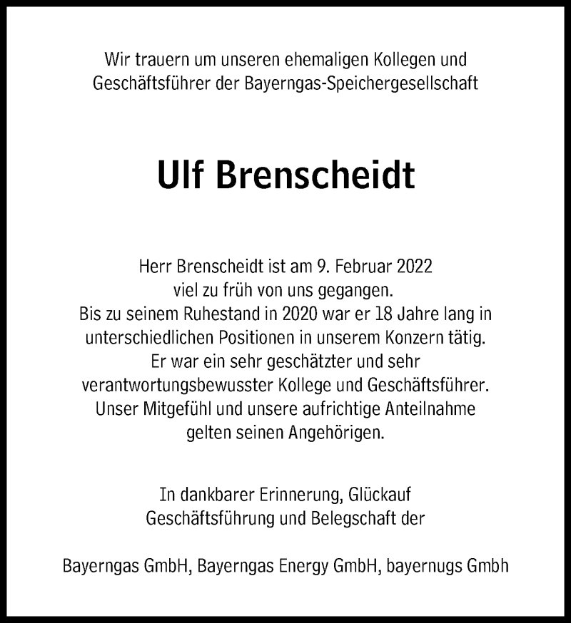  Traueranzeige für Ulf Brenscheidt vom 14.02.2022 aus Süddeutsche Zeitung