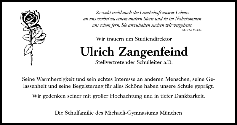 Traueranzeige für Ulrich Zangenfeind vom 08.02.2022 aus Süddeutsche Zeitung