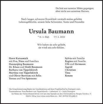 Traueranzeige von Ursula Baumann von Süddeutsche Zeitung