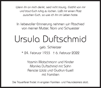 Traueranzeige von Ursula Duftschmid von Süddeutsche Zeitung