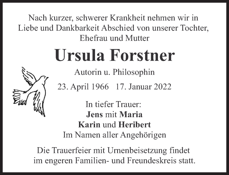  Traueranzeige für Ursula Forstner vom 19.02.2022 aus Süddeutsche Zeitung