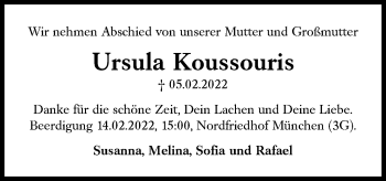 Traueranzeige von Ursula Koussouris von Süddeutsche Zeitung