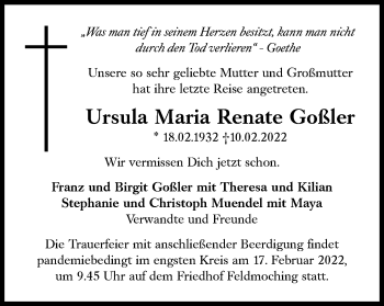 Traueranzeige von Ursula Maria Renate Goßler von Süddeutsche Zeitung