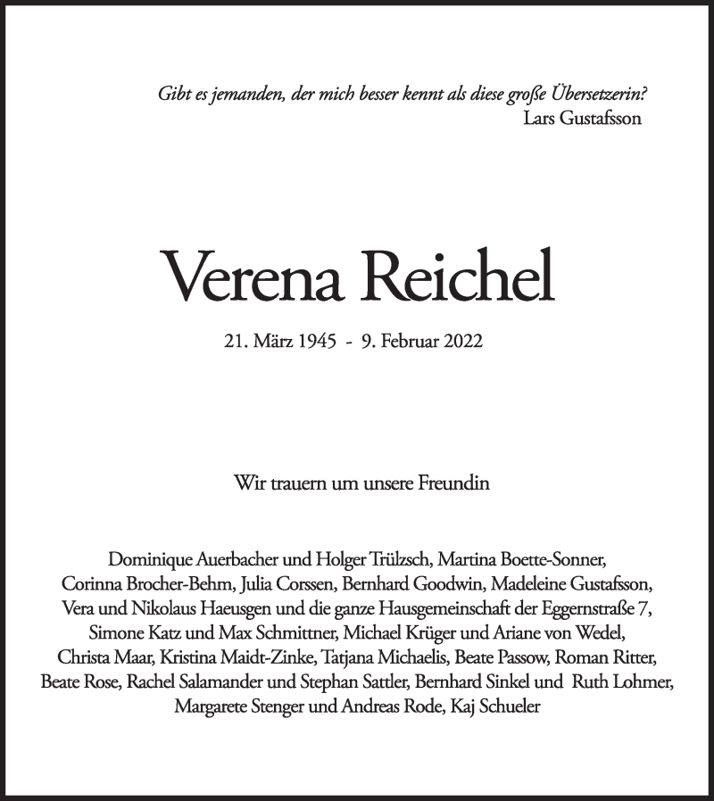  Traueranzeige für Verena Reichel vom 19.02.2022 aus Süddeutsche Zeitung