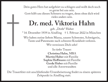 Traueranzeige von Viktoria Hahn von Süddeutsche Zeitung