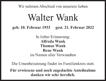 Traueranzeige von Walter Wank von Süddeutsche Zeitung
