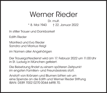 Traueranzeige von Werner Rieder von Süddeutsche Zeitung