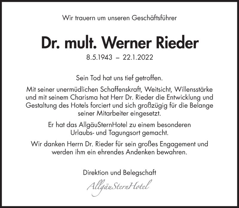  Traueranzeige für Werner Rieder vom 12.02.2022 aus Süddeutsche Zeitung