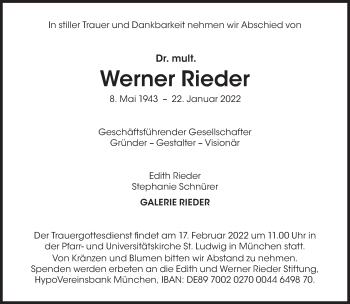 Traueranzeige von Werner Rieder von Süddeutsche Zeitung