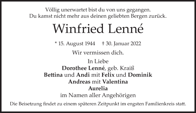  Traueranzeige für Winfried Lenne vom 02.02.2022 aus Süddeutsche Zeitung