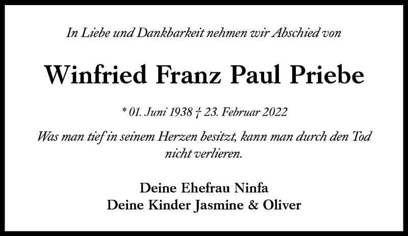  Traueranzeige für Winfried Franz Paul Priebe vom 01.03.2022 aus Süddeutsche Zeitung