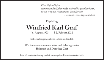 Traueranzeige von Winfried Karl Graf von Süddeutsche Zeitung