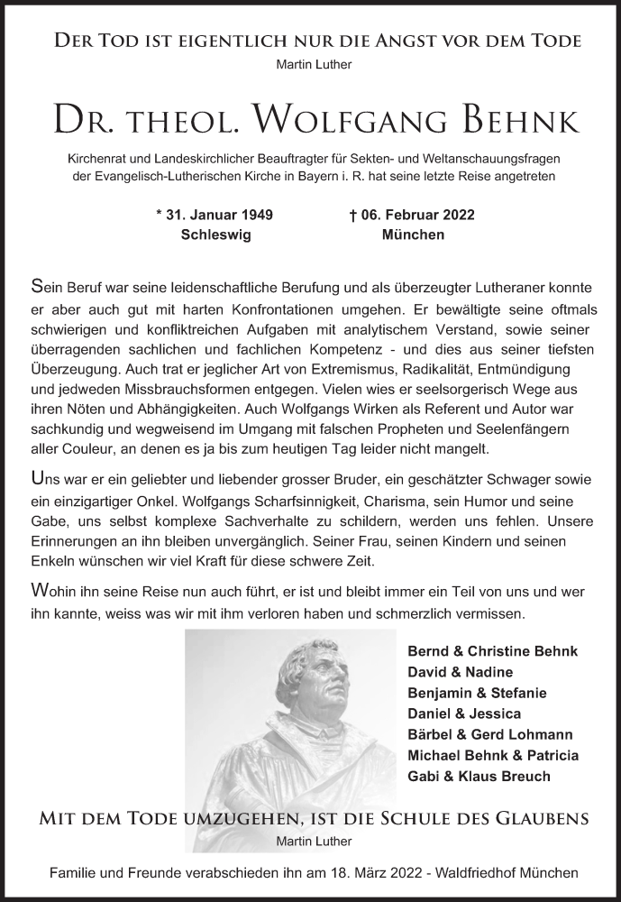  Traueranzeige für Wolfgang Behnk vom 19.02.2022 aus Süddeutsche Zeitung
