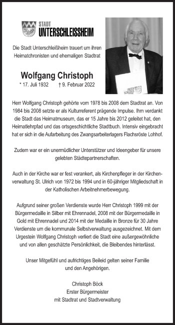 Traueranzeige von Wolfgang Christoph von Süddeutsche Zeitung