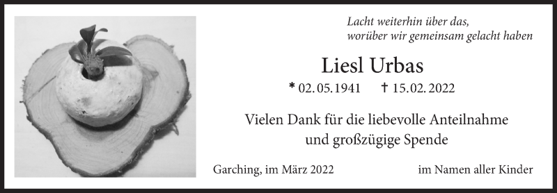  Traueranzeige für Elisabeth Urbas vom 19.03.2022 aus Süddeutsche Zeitung