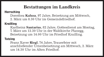 Traueranzeige von Bestattungen vom 02.03.2022 von Süddeutsche Zeitung